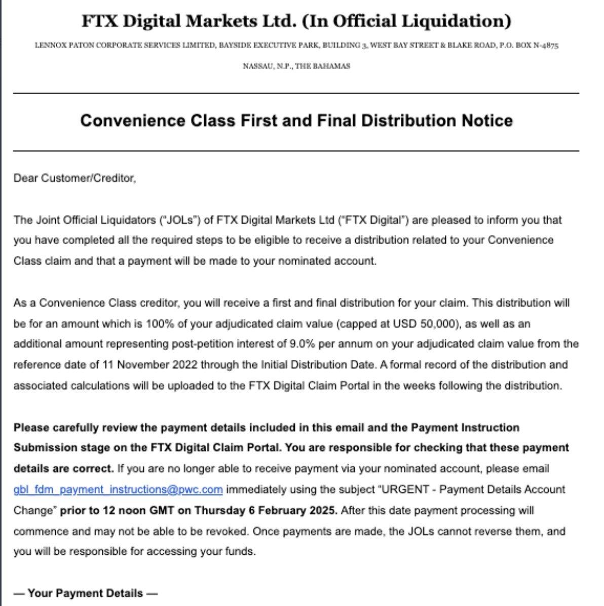 Thông báo trả nợ của FTX Digital Markets