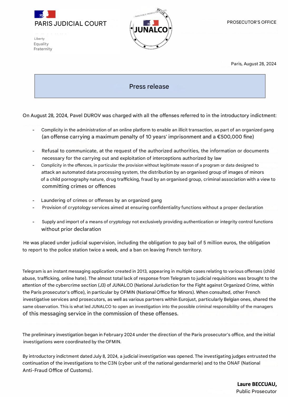 Một tuyên bố được dịch từ Văn phòng Công tố Paris thông báo các cáo buộc đối với nhà sáng lập Telegram Pavel Durov.